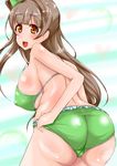 ass bare_shoulders bikini blush bow bra breasts brown_hair from_behind hair_bow huge_ass huge_breasts jiseki leaning leaning_forward long_hair looking_at_viewer love_live!_school_idol_project minami_kotori open_mouth orange_eyes panties shiny shiny_clothes shiny_hair shiny_skin sideboob smile solo swimsuit 