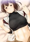  bangs breasts brown_eyes brown_hair commentary_request crop_top hands_up highres ise_(kantai_collection) japanese_clothes kantai_collection lying medium_breasts niwatazumi on_back on_bed smile solo 