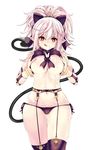  :q armlet ass_visible_through_thighs bangs black_bow black_bra black_legwear black_panties blush bow bow_panties bra bracelet breast_squeeze breasts buckle cowboy_shot demon_girl demon_tail eyebrows eyebrows_visible_through_hair eyelashes garter_belt gauntlets highres jewelry large_breasts long_hair looking_at_viewer navel original panties pink_hair pointy_ears ponytail reason_(ficafe) red_bow red_eyes saliva side-tie_panties sidelocks simple_background solo succubus suggestive_fluid sweat tail tattoo thigh_strap thighhighs tongue tongue_out underboob underwear underwear_only white_background 