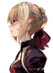  artoria_pendragon_(all) blonde_hair blood blood_on_face bloody_clothes braid breasts choker cleavage commentary_request dark_persona fate/grand_order fate/stay_night fate_(series) french_braid hair_ribbon pale_skin profile red_ribbon ribbon saber_alter shirabi short_hair simple_background small_breasts solo upper_body white_background yellow_eyes 