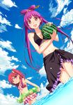  :d :t bikini black_bikini breasts brown_eyes cleavage cloud day dutch_angle food frilled_bikini frills fruit hair_ornament holding holding_food holding_fruit innertube jewelry long_hair looking_at_viewer magi_the_labyrinth_of_magic medium_breasts morgiana multiple_girls navel one_side_up open_mouth outdoors polka_dot polka_dot_bikini pout purple_bikini purple_eyes purple_hair red_hair ren_kougyoku sarong sky smile swimsuit thigh_gap twintails umino_mokuzu_(shizumisou) wading water watermelon 