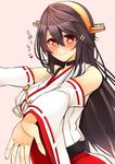  bare_shoulders black_hair blush breasts brown_eyes choker collar detached_sleeves hair_between_eyes hair_ornament hairband hairclip haruna_(kantai_collection) headgear heart heart-shaped_lock heart_lock_(kantai_collection) highres japanese_clothes jewelry kantai_collection large_breasts lock long_hair nontraditional_miko outstretched_arms pink_background red_skirt remodel_(kantai_collection) ribbon-trimmed_sleeves ribbon_trim ring simple_background skirt smile solo translated tsukui_kachou wedding_band wide_sleeves 