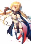 alexmaster blonde_hair blood boots breasts brown_gloves cape gloves highres licking licking_weapon long_hair looking_at_viewer navel original potion red_eyes revealing_clothes small_breasts smile solo tongue tongue_out 