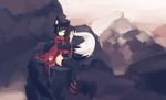  animal_ear_fluff animal_ears black_hair blue_eyes breasts fang fox_ears fox_tail highres japanese_clothes kiri_(sub-res) large_breasts looking_at_viewer notched_ear one_eye_closed open_mouth original sandals sitting sitting_on_rock solo sub-res tail thighhighs 
