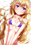  bikini blonde_hair blush breasts collarbone commentary_request dutch_angle hat highres lily_white long_hair looking_at_viewer micro_bikini navel out-of-frame_censoring petals purple_eyes small_breasts smile solo swimsuit touhou upper_body v_arms very_long_hair zan_(harukahime) 