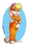  2019 anthro clothed clothing female furkinghell handcuffs jumpsuit lagomorph lola_bunny looking_at_viewer looney_tunes mammal rabbit shackles smile solo standing warner_brothers wide_hips 