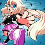  :o ankle_boots blue_background blue_eyes boots braid foreshortening hair_between_eyes ia_(vocaloid) long_hair mary_cagle pink_skirt platinum_blonde_hair reaching_out running skirt solo twin_braids very_long_hair vocaloid 