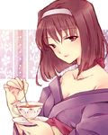  breasts brown_hair choker cleavage collarbone cup floral_background hairband holding holding_spoon japanese_clothes kanzaki_sumire kimono light_smile lips looking_at_viewer medium_breasts mole mole_under_eye obi red_eyes red_ribbon ribbon ribbon_choker sakura_taisen sash saucer solo spoon stirring tea teacup wato 