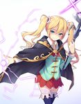  alexmaster black_legwear blonde_hair blue_eyes cape highres long_hair looking_at_viewer magic original shaded_face skirt smile solo staff thighhighs twintails 