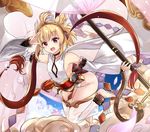  :d andira_(granblue_fantasy) animal_ears barefoot blonde_hair breasts choker cleavage_cutout detached_sleeves erune granblue_fantasy highres kazami_chiu looking_at_viewer monkey_ears monkey_tail open_mouth red_eyes salute short_hair sideboob small_breasts smile solo staff tail 