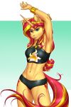  2019 absurd_res anthro arms_above_head blue_eyes breasts clothed clothing cutie_mark digital_media_(artwork) equestria_girls equine eyelashes female hair hi_res horn long_hair looking_at_viewer mammal midriff multicolored_hair multicolored_tail my_little_pony mykegreywolf navel solo sunset_shimmer_(eg) swimsuit two_tone_hair unicorn 