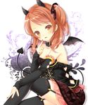  arm_warmers black_legwear blush breasts brown_hair choker cleavage demon_girl demon_horns demon_tail demon_wings garter_straps harukaruha highres horns houjou_karen idolmaster idolmaster_cinderella_girls medium_breasts side_ponytail smile solo tail thighhighs wings 