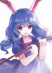  ainy77 animal_ears bad_id bad_pixiv_id blue_dress blue_hair bunny_ears collarbone dress ear_clip frills hammer holding holding_weapon kine looking_at_viewer low_twintails mallet open_mouth puffy_short_sleeves puffy_sleeves red_eyes seiran_(touhou) short_dress short_hair short_sleeves smile solo touhou twintails weapon 