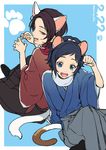  2boys :d animal_ears black_hair blue_eyes brown_hair cat_day cat_ears cat_tail dated hakama japanese_clothes kashuu_kiyomitsu kemonomimi_mode male_focus mole mole_under_eye mole_under_mouth multiple_boys nail_polish open_mouth paw_pose ponytail red_eyes red_nails scarf sitting smile sumeragi_kohaku tail touken_ranbu yamato-no-kami_yasusada 