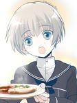  blue_eyes food kantai_collection open_mouth plate primary_stage sailor sailor_collar sausage short_hair silver_hair solo twitter_username z1_leberecht_maass_(kantai_collection) 