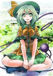  green_eyes hat hat_ribbon indian_style komeiji_koishi looking_at_viewer open_mouth ribbon shirt short_sleeves silver_hair sitting skirt smile solo third_eye touhou umigarasu_(kitsune1963) 