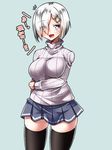  :d alternate_costume alternate_legwear black_legwear blue_eyes blush breasts eyes_visible_through_hair hair_ornament hair_over_one_eye hairclip hamakaze_(kantai_collection) kantai_collection large_breasts long_sleeves looking_at_viewer open_mouth pleated_skirt ribbed_sweater short_hair silver_hair simple_background skirt smile solo striped sweater thighhighs translated turtleneck vertical_stripes yokai zettai_ryouiki 