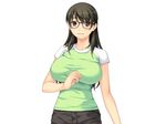  black-framed_glasses black_eyes black_hair breasts eyebrows eyebrows_visible_through_hair game_cg glasses highres large_breasts long_hair looking_at_viewer sakura_romako simple_background smile solo standing upper_body ureta_karada_ha_boku_senyou:_motome_au_sadomazohizumu white_background 