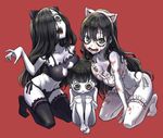  2girls :d alternate_costume animal_ears bangs barefoot between_legs black_hair black_panties blood blood_in_mouth blood_on_face bloody_clothes blunt_bangs blush bowl_cut breast_press breast_rest breasts breasts_on_head cat_cutout cat_ear_panties cat_ears cat_lingerie cleavage cleavage_cutout collarbone commentary_request crossover fake_animal_ears frills full_body garters green_eyes grey_skin hair_between_eyes hair_over_one_eye hand_between_legs ju-on kneeling large_breasts long_hair looking_at_viewer looking_down meme_attire mother_and_son multiple_girls navel no_shoes open_mouth palms panties red_background saeki_kayako saeki_toshio side-tie_panties sitting smile stomach taniguchi_seima the_grudge the_ring thighhighs trait_connection underwear underwear_only very_long_hair wavy_hair white_legwear yamamura_sadako 