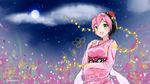  absurdres adore_(adoredesu) bad_hands black_hair cloud fireflies flower full_moon hair_flower hair_ornament highres japanese_clothes kimono moon multicolored_hair open_mouth osu! outdoors pink_hair pippi_(osu!) solo star_(sky) twitter_username two-tone_hair 