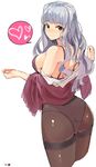  absurdres ass bra breasts brown_legwear clothes_down cropped_legs from_behind heart highres idolmaster idolmaster_(classic) large_breasts long_hair looking_at_viewer looking_back no_pants panties panties_under_pantyhose pantyhose red_eyes shijou_takane silver_hair simple_background sketch smile solo spoken_heart thighband_pantyhose tuxedo_de_cat underwear white_background 
