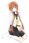  black_skirt brown_eyes brown_hair collarbone flower hair_flower hair_ornament kneeling long_hair long_legs nisekoi pleated_skirt school_uniform serafuku simple_background skirt smile socks solo tachibana_marika urahara white_background white_legwear 