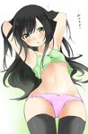  :o alternate_eye_color arms_behind_head asashio_(kantai_collection) black_hair black_legwear blush bow bow_panties bra breasts from_below green_bra green_eyes highres kantai_collection logical long_hair panties pink_panties polka_dot polka_dot_panties small_breasts solo thighhighs underwear underwear_only 