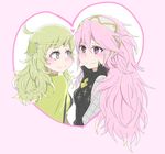  armor artist_request blonde_hair breasts female fire_emblem fire_emblem_if multiple_girls nintendo ophelia_(fire_emblem_if) pink_hair smile soleil_(fire_emblem_if) yuri 