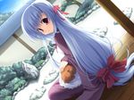  bow cat dutch_angle game_cg gift_(game) gift_eternal_rainbow hair_bow kamishiro_yukari_(gift) long_hair long_sleeves looking_back mitha purple_eyes silver_hair solo very_long_hair 