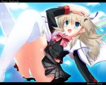  blue_eyes bow cape eimaisaki fangs little_busters! long_hair noumi_kudryavka panties pantyshot pink_bow plaid plaid_skirt school_uniform skirt solo thighhighs underwear wallpaper 