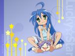  ahoge artist_request bare_shoulders barefoot blue_hair blush buckle character_doll full_body green_eyes izumi_konata long_hair looking_at_viewer lucky_star mole mole_under_eye overall_shorts overalls pink_hair short_hair sitting soles solo toes very_long_hair wallpaper 