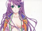  blush breasts cleavage green_eyes harukanaru_toki_no_naka_de harukanaru_toki_no_naka_de_3 highres kasuga_nozomi large_breasts long_hair looking_at_viewer open_clothes open_shirt purple_hair shirt solo yuuki_mitsuru 