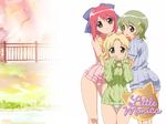  blonde_hair blue_eyes blue_panties blush celia_(little_monica_monogatari) green_eyes green_hair hairclip hand_on_head highres hug little_monica_monogatari may_(little_monica_monogatari) multiple_girls no_pants panties pink_eyes pink_hair pink_panties purple_eyes short_hair siblings sisters smile sweater the_story_of_little_monica tina_(little_monica_monogatari) underwear wallpaper 