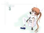  copyright_name fingerless_gloves frapowa gloves highres lyrical_nanoha magical_girl mahou_shoujo_lyrical_nanoha_strikers miniskirt no_jacket sitting skirt solo takamachi_nanoha thighhighs twintails 