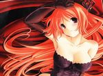  armpits bare_shoulders black breasts bustier cleavage corset elbow_gloves fire gloves gothic large_breasts lingerie long_hair lying natural_another_one_2nd_belladonna on_back orange_hair purple_eyes solo tsurugi_hagane underwear very_long_hair wallpaper yachigusa_itsuki 