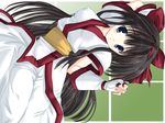  artist_request bangs blue_eyes blunt_bangs bow brown_hair collarbone detached_sleeves hair_bow head_tilt japanese_clothes kimono long_hair looking_at_viewer nakoruru red_bow rotated samurai_spirits sash solo 