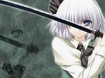  ascot bangs blue_eyes bob_cut bow dress_shirt hair_bow highres hiiragi_ryou katana konpaku_youmu shirt short_hair silver_hair solo straight_hair sword touhou upper_body vest wallpaper weapon white_hair zoom_layer 