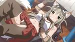  adjustable_wrench animal_ears bandana bangs blush breasts cleavage clothes_around_waist dutch_angle elbow_pads fox_ears fox_tail gloves goggles goggles_on_head grey_hair grin hair_flaps halter_top halterneck highres large_breasts lily_the_mechanic long_hair looking_at_viewer lost_pause lying mechanic midriff navel on_back smile solo tail wanaca wrench yellow_eyes 
