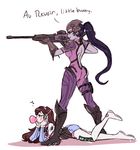  blizzard_(company) blue_hair bodysuit brown_hair bubble_blowing bubblegum d.va_(overwatch) gun high_ponytail long_hair multiple_girls overwatch ponytail purple_skin weapon widowmaker_(overwatch) 