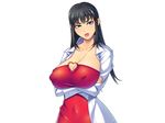  black_hair blue_eyes blush breasts cleavage collarbone crossed_arms dress erect_nipples game_cg highres huge_breasts kamina_koharu labcoat long_hair long_sleeves looking_at_viewer nail_polish oneechan_no_sourou_kaizen_lesson:_dashi_sugi_ni_go_chuui_yo parted_lips raised_eyebrows red_dress simple_background smile solo standing upper_body white_background 