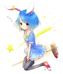  alternate_hairstyle ambiguous_red_liquid animal_ears between_legs blue_dress blue_hair bunny_ears bunny_tail dress ear_clip grin highres kine red_eyes ribbon seiran_(touhou) shoes shooting_star short_dress short_hair short_sleeves smile sneakers solo stain tail thighhighs touhou uta_(kuroneko) zettai_ryouiki 