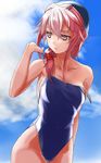  absurdres alternate_hairstyle breasts casual_one-piece_swimsuit chikkinage_nage guilty_crown hair_ornament hairclip highres medium_breasts off_shoulder one-piece_swimsuit pink_hair red_eyes solo strap_slip swim_cap swimsuit yuzuriha_inori 