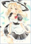  apron blonde_hair blush braid breasts cleavage colored_pencil_(medium) frilled_skirt frills hat kirisame_marisa large_breasts long_hair looking_at_viewer marker_(medium) open_mouth potto sample short_sleeves single_braid sitting skirt solo star touhou traditional_media underbust wariza witch_hat yellow_eyes 