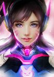  black_eyes black_hair bodysuit d.va_(overwatch) eyebrows eyelashes eyeshadow facial_mark glowing headphones light_particles light_smile lips lipstick long_hair looking_at_viewer makeup muju nose overwatch parted_lips photorealistic pink_background pink_lipstick portrait realistic smile solo whisker_markings 