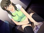  bed black_legwear black_panties black_shorts breasts brown_eyes brown_hair caught clenched_teeth clothed_masturbation dark denim denim_shorts dutch_angle female_pervert fingering game_cg glasses hand_in_panties kitazaki_risako kneeling large_breasts long_hair masturbation open_fly open_mouth panties pervert pornography pov_doorway sakurajima_saromako shirt shorts solo surprised sweat t-shirt teeth thighhighs unbuttoned underwear unzipped ureta_karada_wa_boku_senyou walk-in 