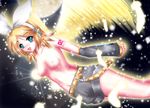 angel_wings blonde_hair blue_eyes bow breasts collarbone detached_sleeves feathers flying hair_bow headset kagamine_rin looking_at_viewer moon night night_sky nipples nohoho_(kakikonchi) open_mouth shorts sky solo topless vocaloid wings 