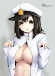  admiral_(kantai_collection) admiral_(kantai_collection)_(cosplay) akitsu_maru_(kantai_collection) alternate_costume black_eyes black_hair breasts cosplay fuyu_mi hair_between_eyes hat kantai_collection large_breasts looking_at_viewer military military_uniform no_bra open_clothes parted_lips peaked_cap short_hair smile solo underwear uniform upper_body 