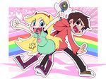  1girl back-to-back blonde_hair blue_eyes brown_eyes brown_hair dark_skin dark_skinned_male demon_horns hairband heart heart_cheeks highres hood hoodie horns long_hair looking_at_viewer marco_diaz pantyhose rainbow sharp_teeth star star_butterfly star_vs_the_forces_of_evil striped striped_background sutores741 teeth wand 