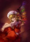  blonde_hair bow flandre_scarlet hat hat_bow highres holding_legs i-la looking_at_viewer mob_cap open_mouth red_eyes solo touhou wings 