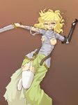  armor arthuria_(camel) blonde_hair blood breasts camel_(dansen) cuts female green_eyes injury lying on_back one_eye_closed solo sword thighhighs torn_clothes unbuckled weapon 
